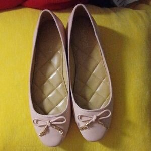 Michael Kors Pale Pink Quilted Insole Ballet Flats with Bow & Gold Hardware